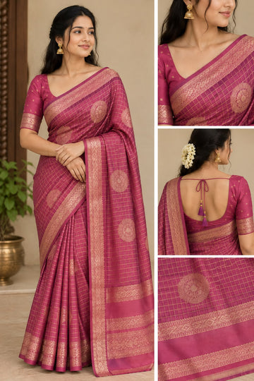 Pink Warm Silk Saree with Gold Zari Checks & Rich Border