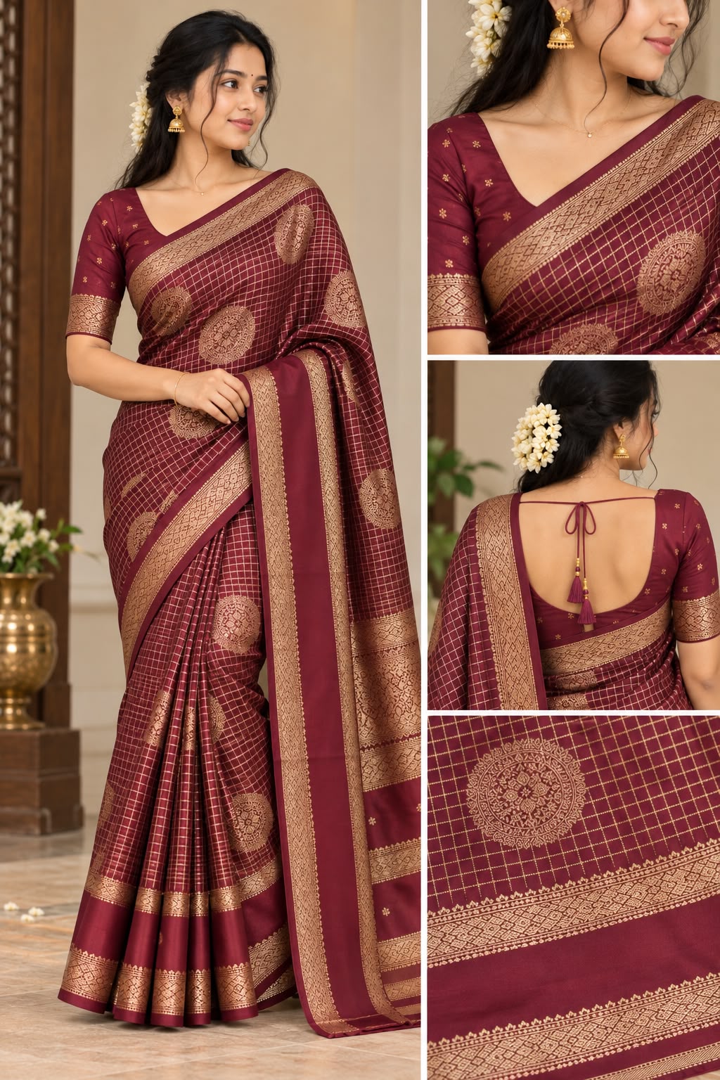 Maroon Warm Silk Saree with Gold Zari Checks & Rich Border