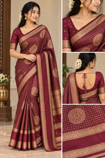 Maroon Warm Silk Saree with Gold Zari Checks & Rich Border