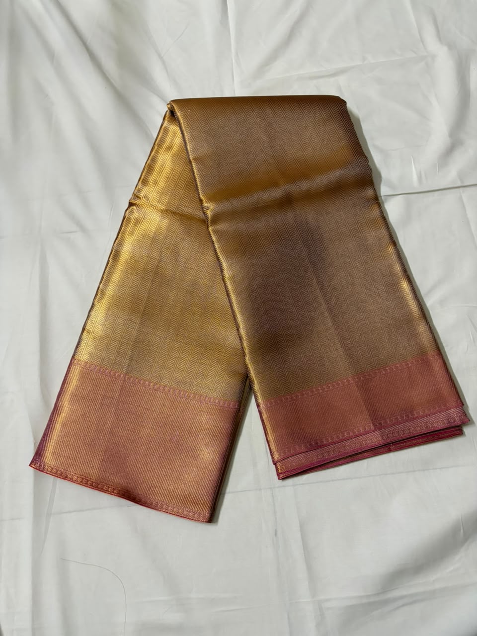 Premium Golden Zari Silk Saree with Rose Pink Border
