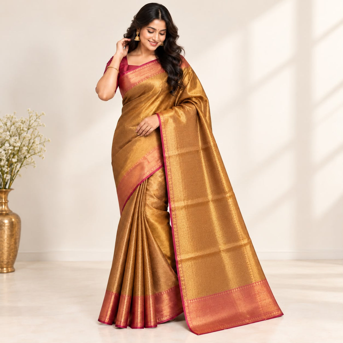 Premium Golden Zari Silk Saree with Rose Pink Border