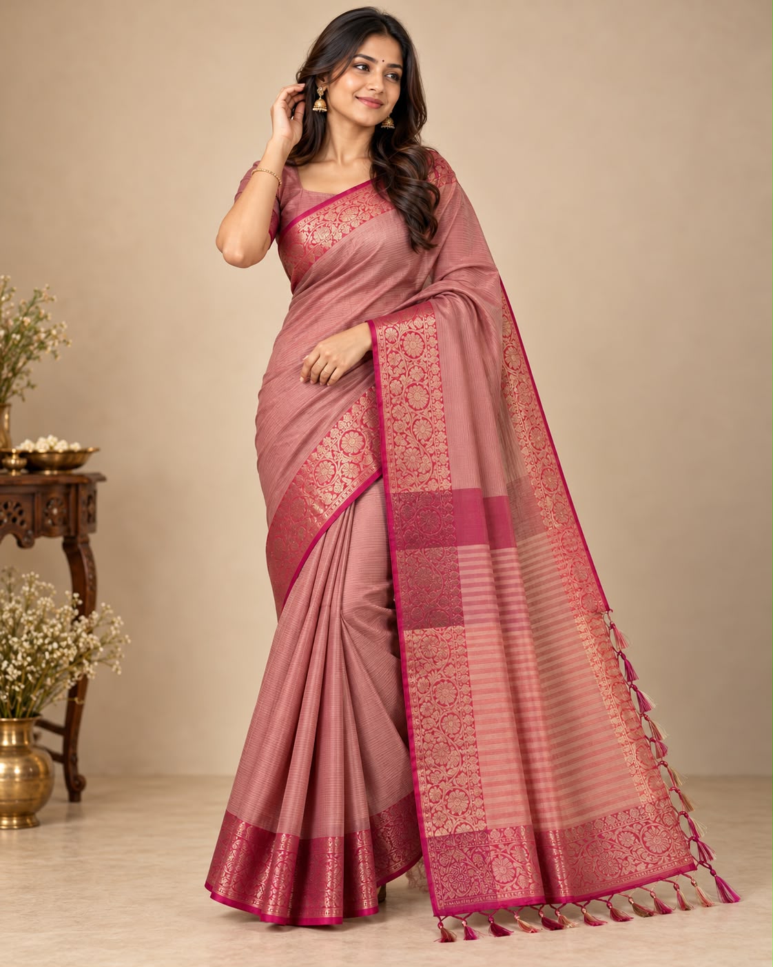 Dusty Rose Tissue Silk Saree with Rich Pink Zari Border