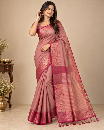 Dusty Rose Tissue Silk Saree with Rich Pink Zari Border