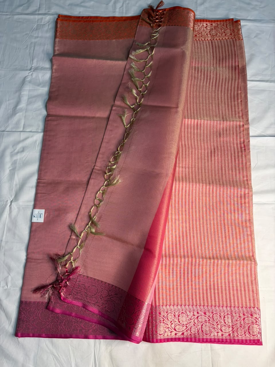 Dusty Rose Tissue Silk Saree with Rich Pink Zari Border
