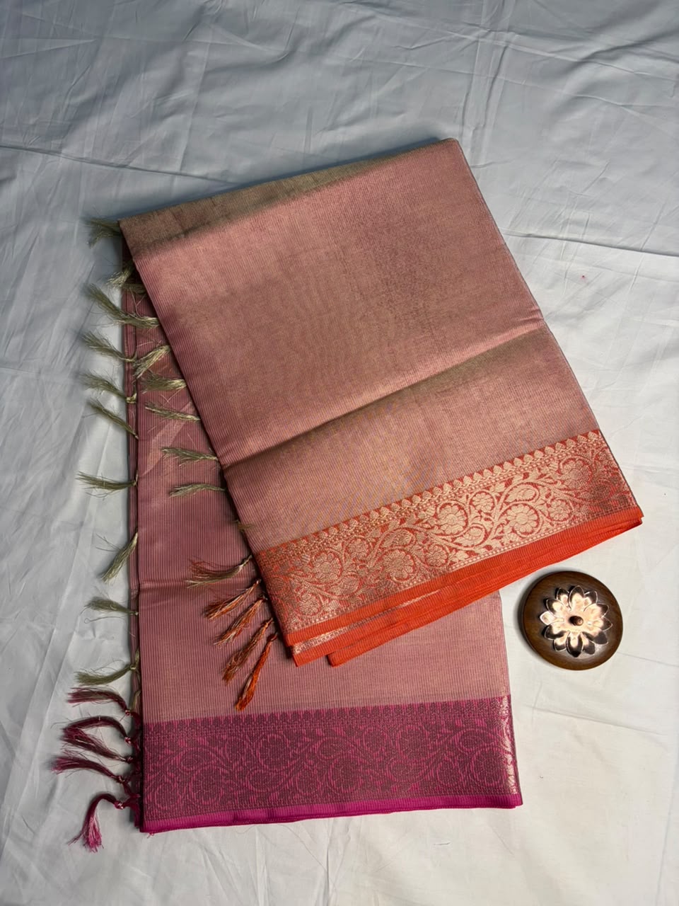 Dusty Rose Tissue Silk Saree with Rich Pink Zari Border