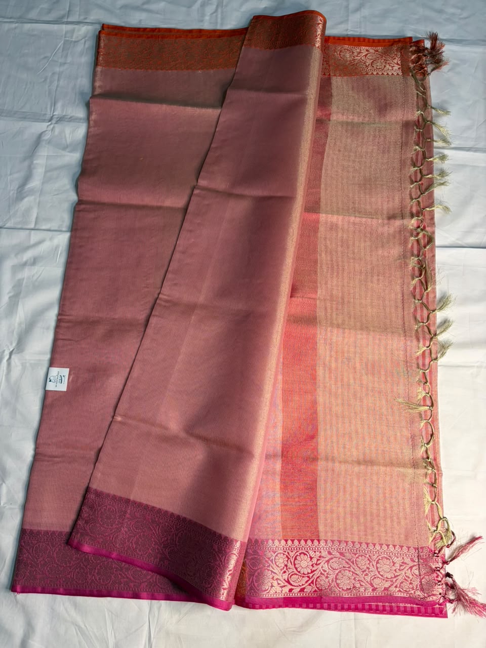 Dusty Rose Tissue Silk Saree with Rich Pink Zari Border