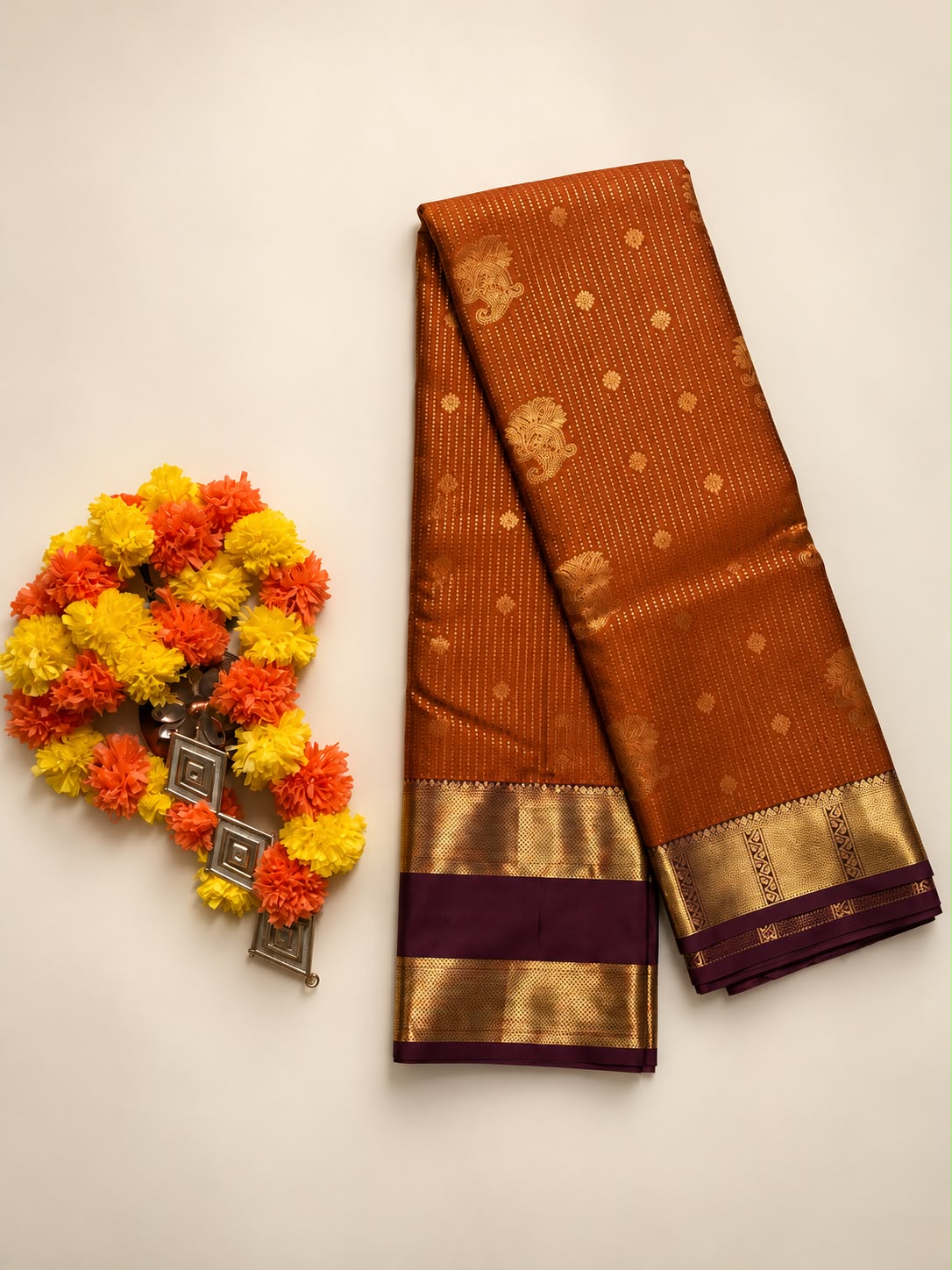 Traditional Orange & Wine Purple Silk Saree with Rich Gold Zari Border