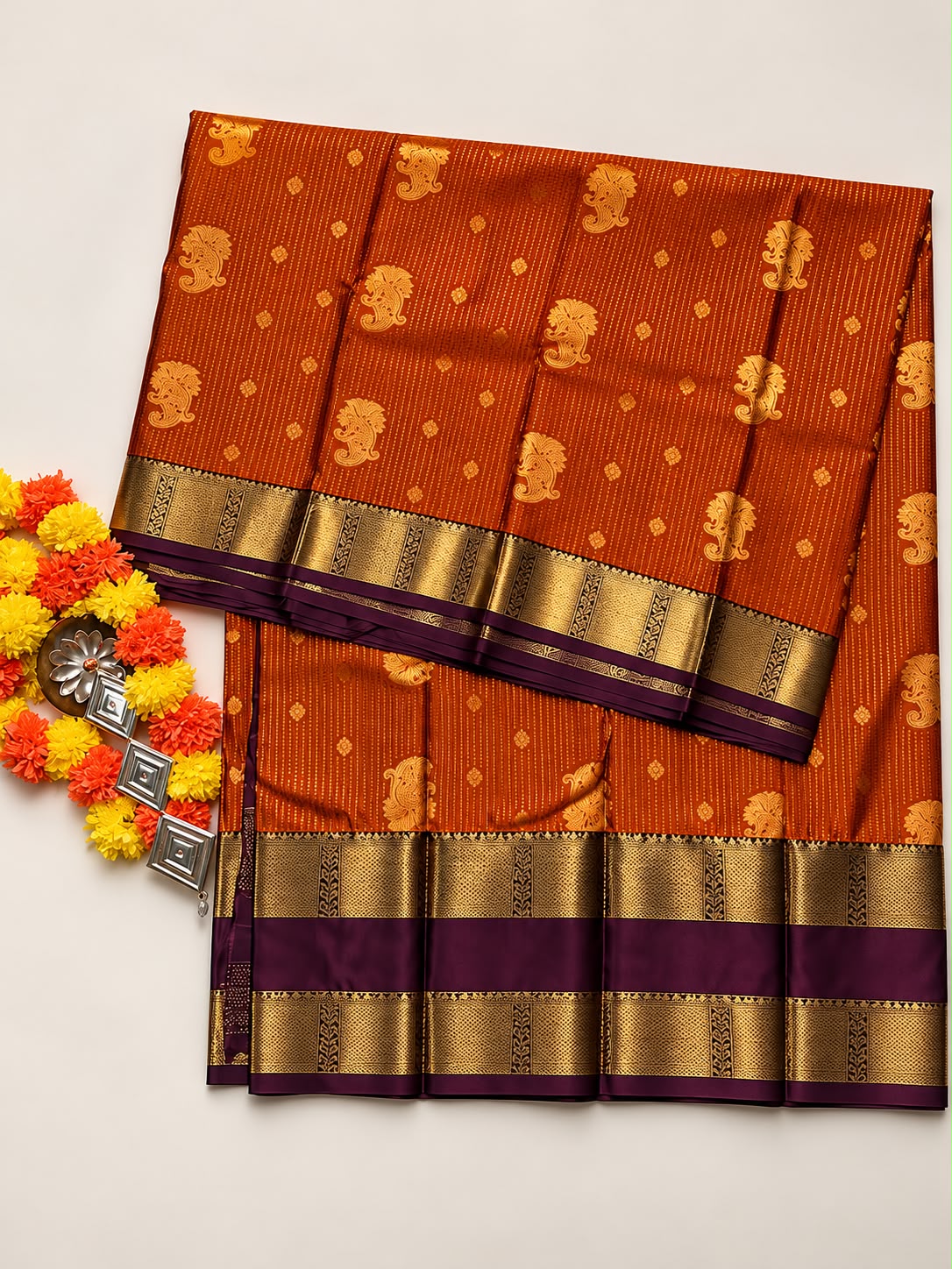Traditional Orange & Wine Purple Silk Saree with Rich Gold Zari Border