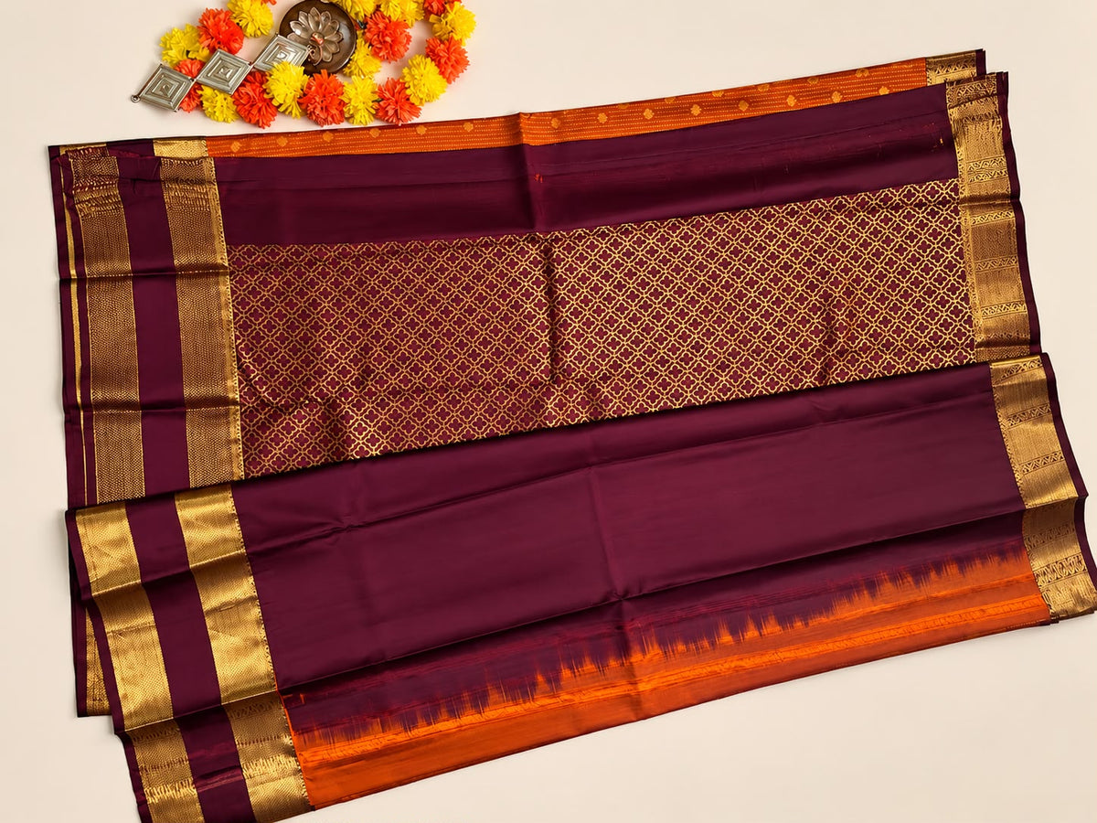 Traditional Orange & Wine Purple Silk Saree with Rich Gold Zari Border
