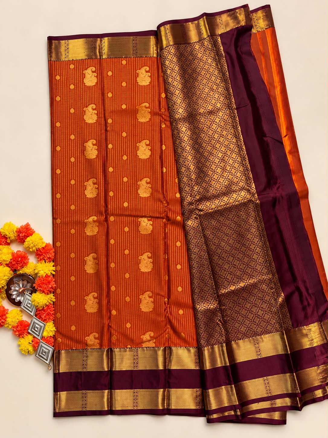 Traditional Orange & Wine Purple Silk Saree with Rich Gold Zari Border