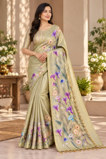 Olive Green Glossy Silk Saree with Floral Print & Elegant Pallu