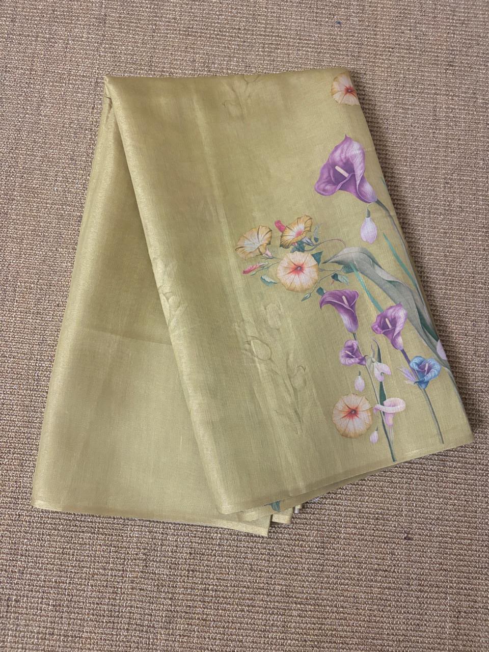 Olive Green Glossy Silk Saree with Floral Print & Elegant Pallu