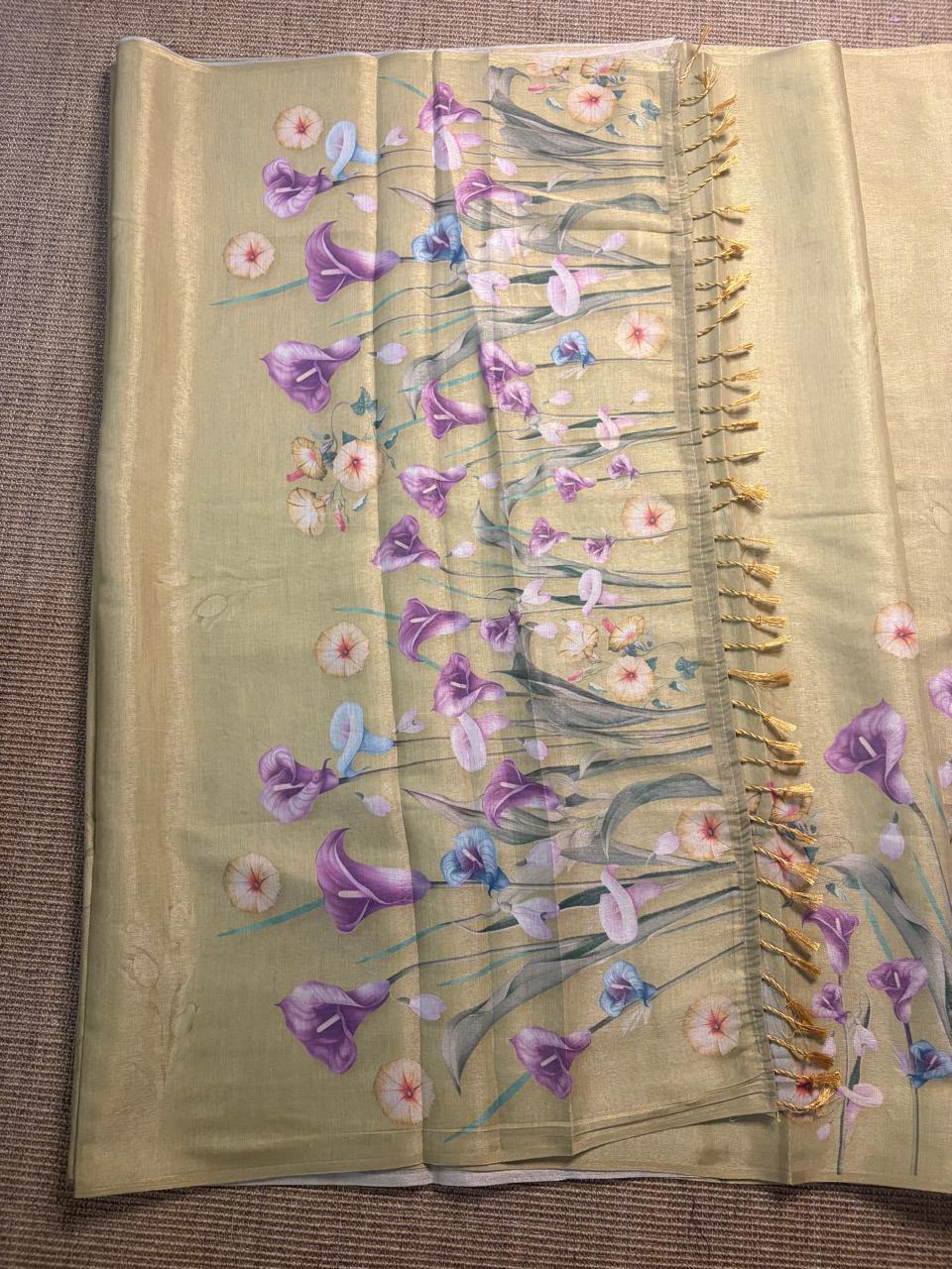 Olive Green Glossy Silk Saree with Floral Print & Elegant Pallu
