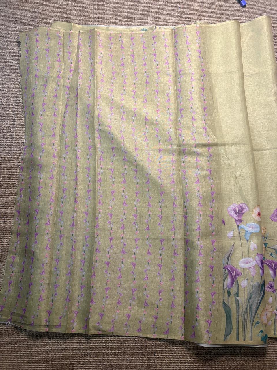 Olive Green Glossy Silk Saree with Floral Print & Elegant Pallu