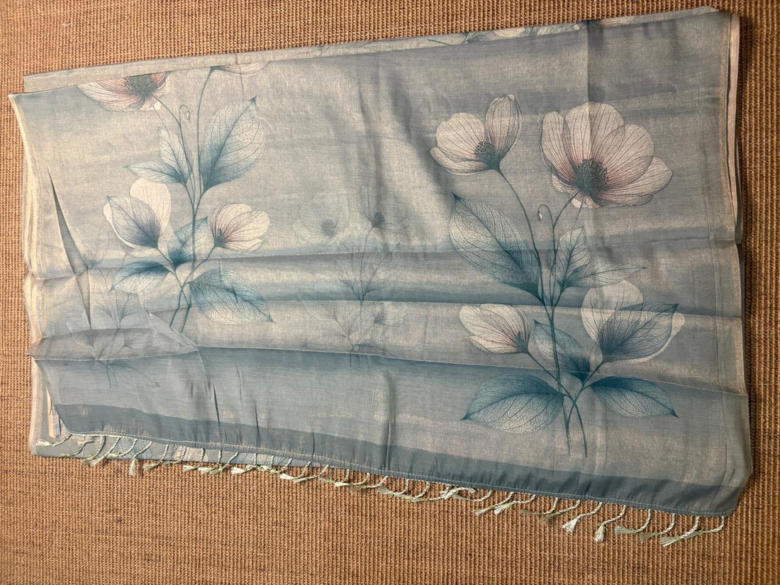 Grey Blue Floral Printed Glossy Silk Saree