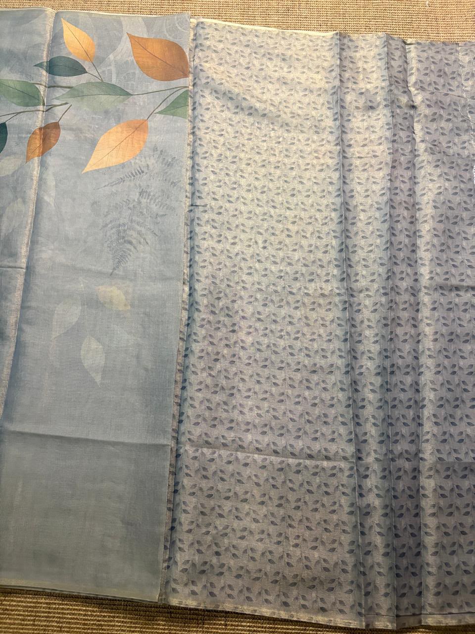 Grey Blue Floral Printed Glossy Silk Saree