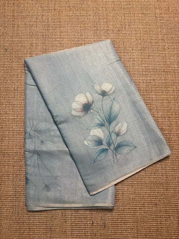 Grey Blue Floral Printed Glossy Silk Saree