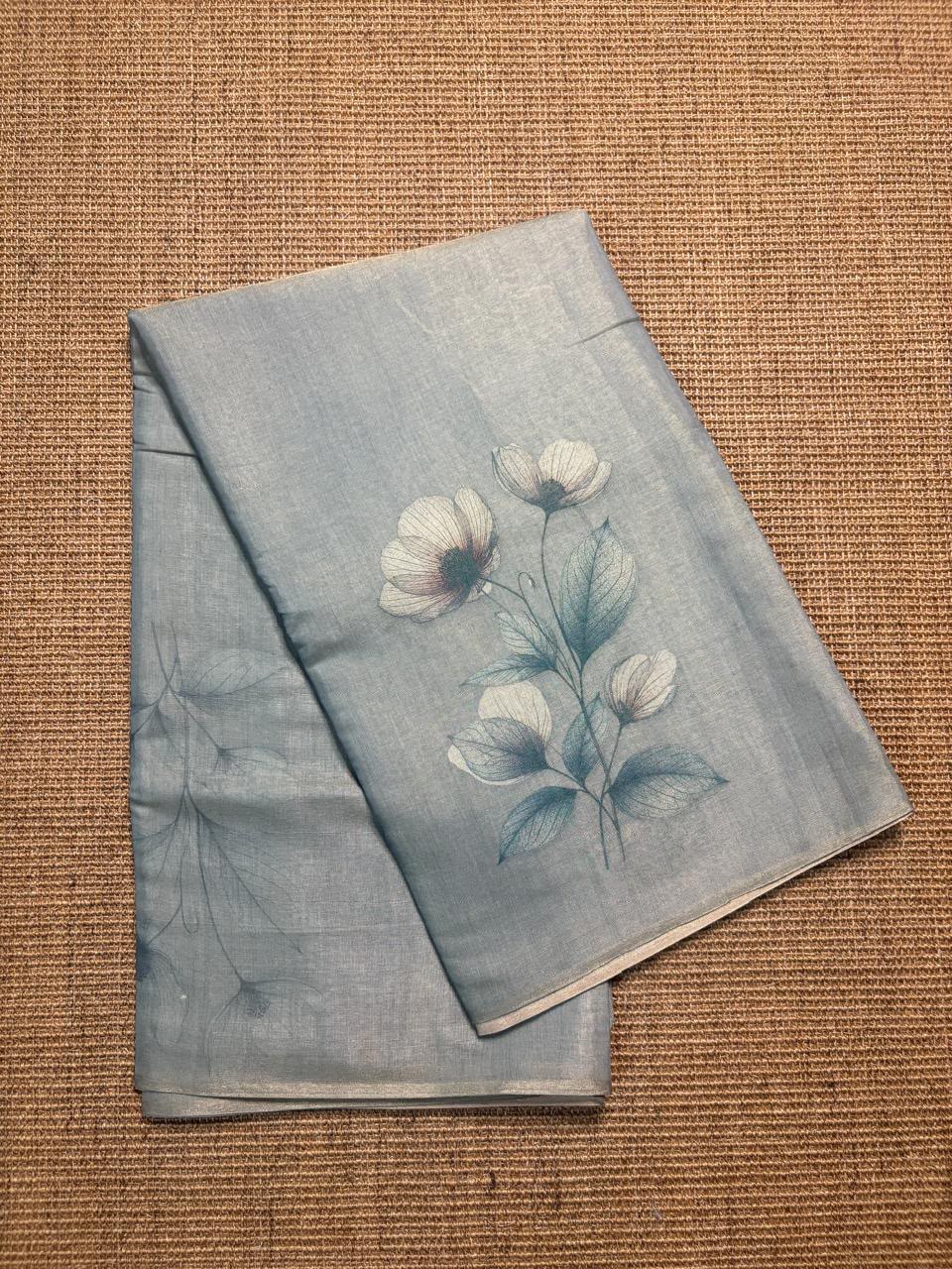 Grey Blue Floral Printed Glossy Silk Saree