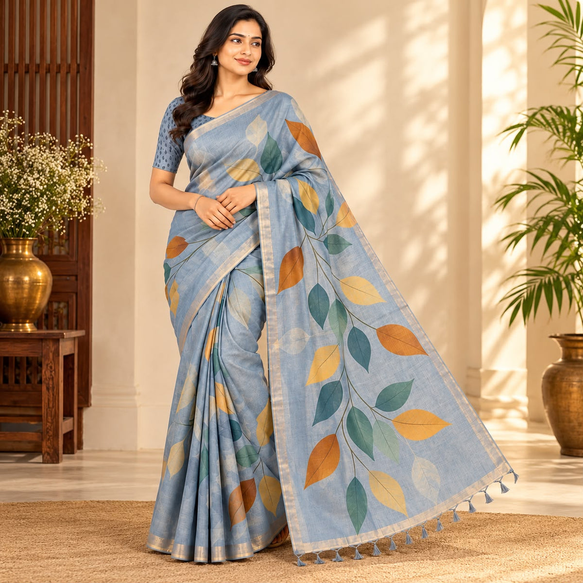 Grey Blue Leaf Print Glossy Silk Saree