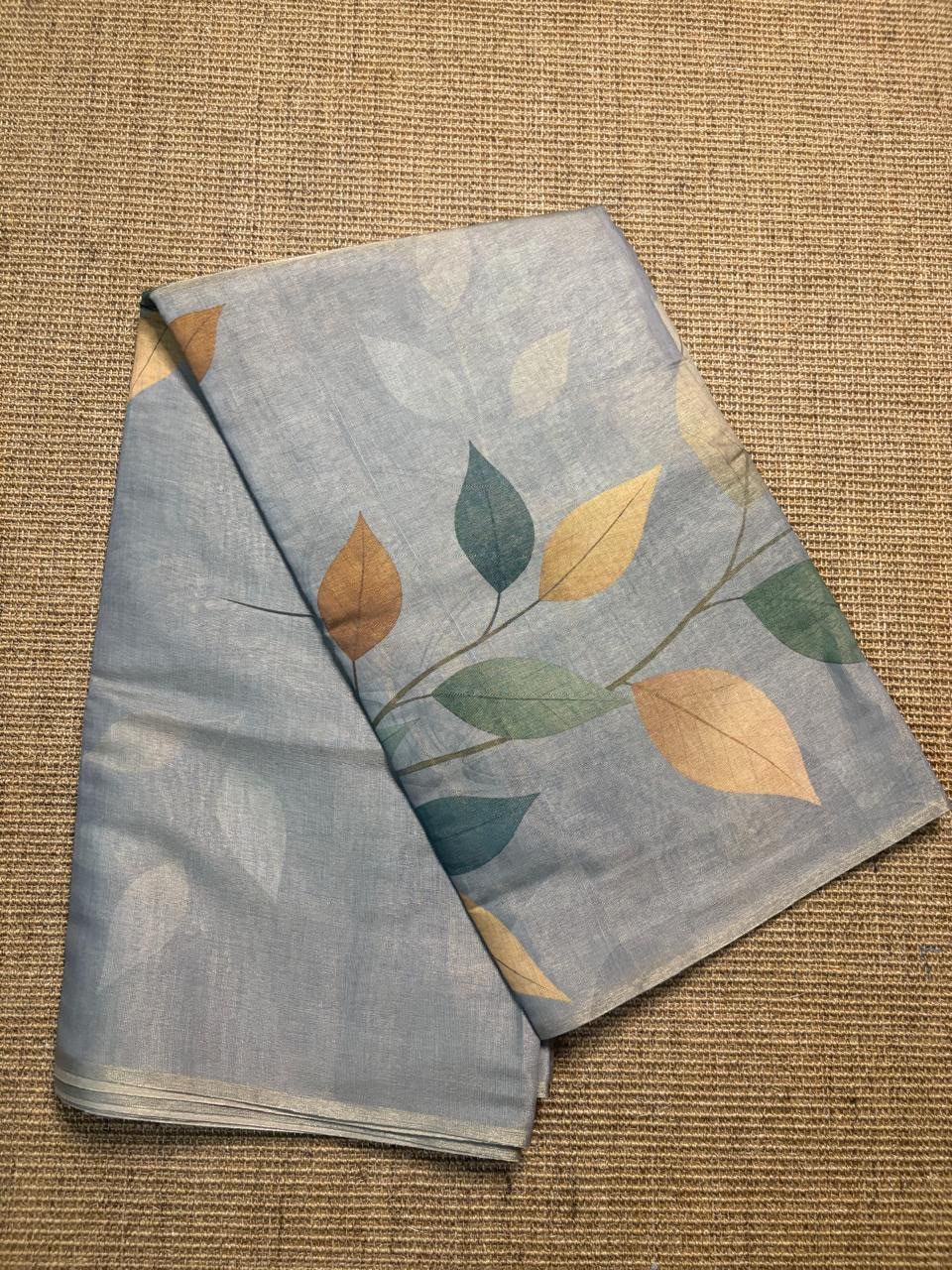 Grey Blue Leaf Print Glossy Silk Saree
