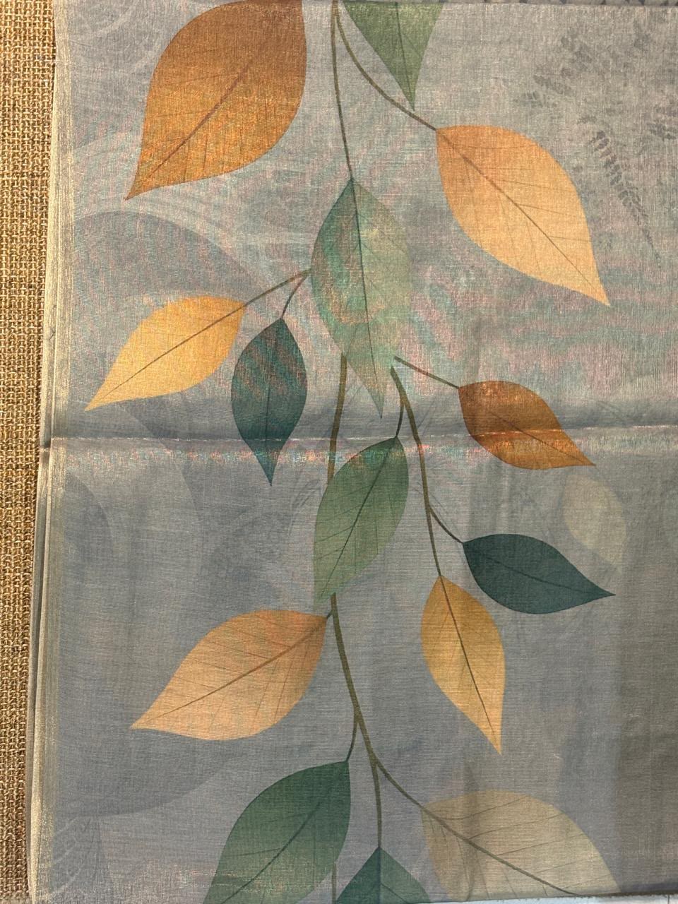 Grey Blue Leaf Print Glossy Silk Saree
