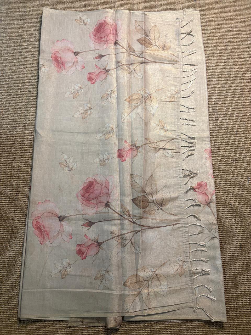 Grey Floral Print Glossy Silk Saree