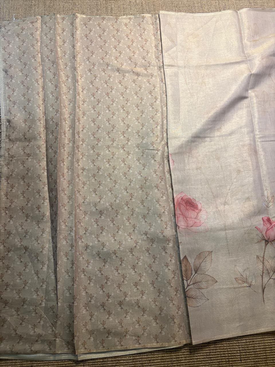 Grey Floral Print Glossy Silk Saree