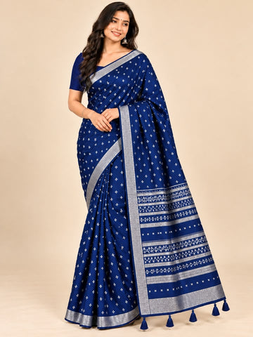 Royal Blue Viscose Jacquard Saree with Silver Border