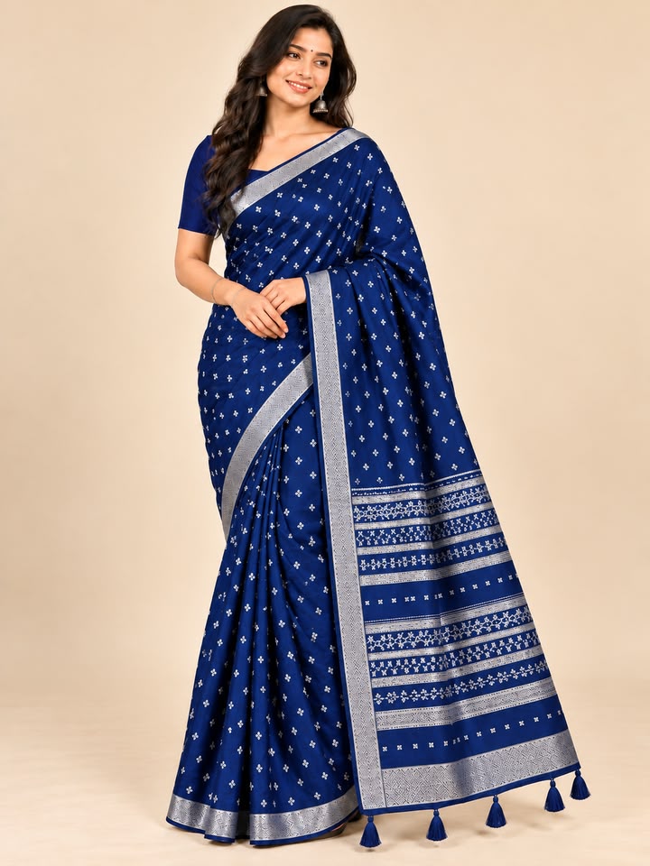Royal Blue Viscose Jacquard Saree with Silver Border