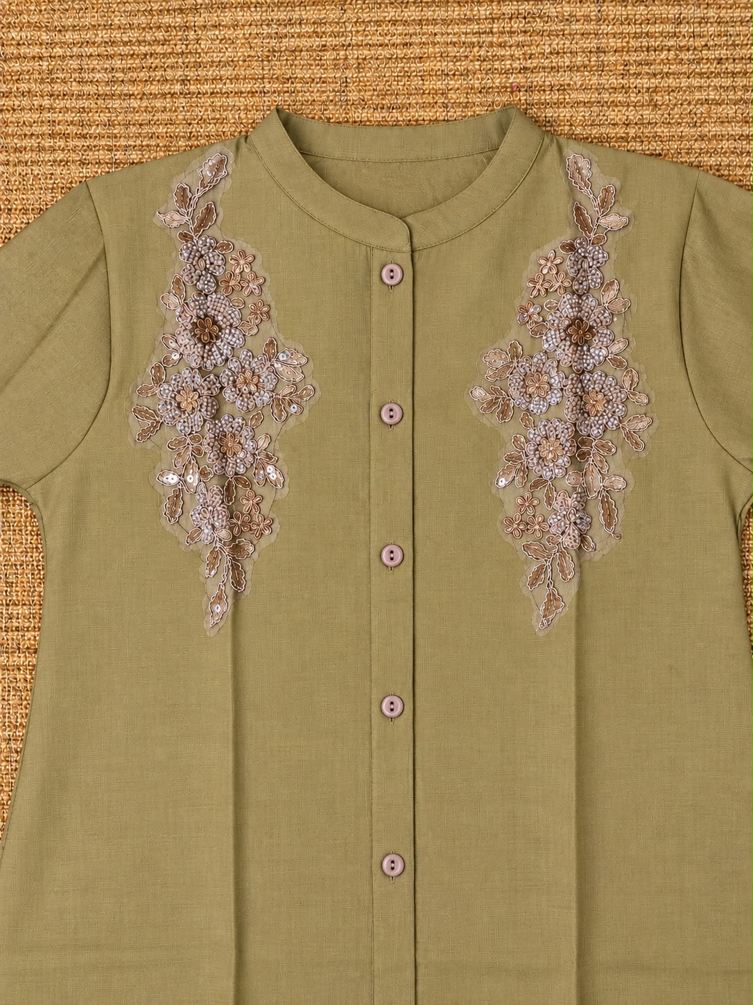 Olive Green Embroidered Pure Cotton Kurta Set