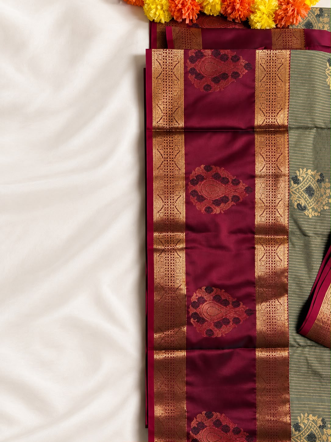 Elegant Silk Cotton Saree with Maroon & Gold Border