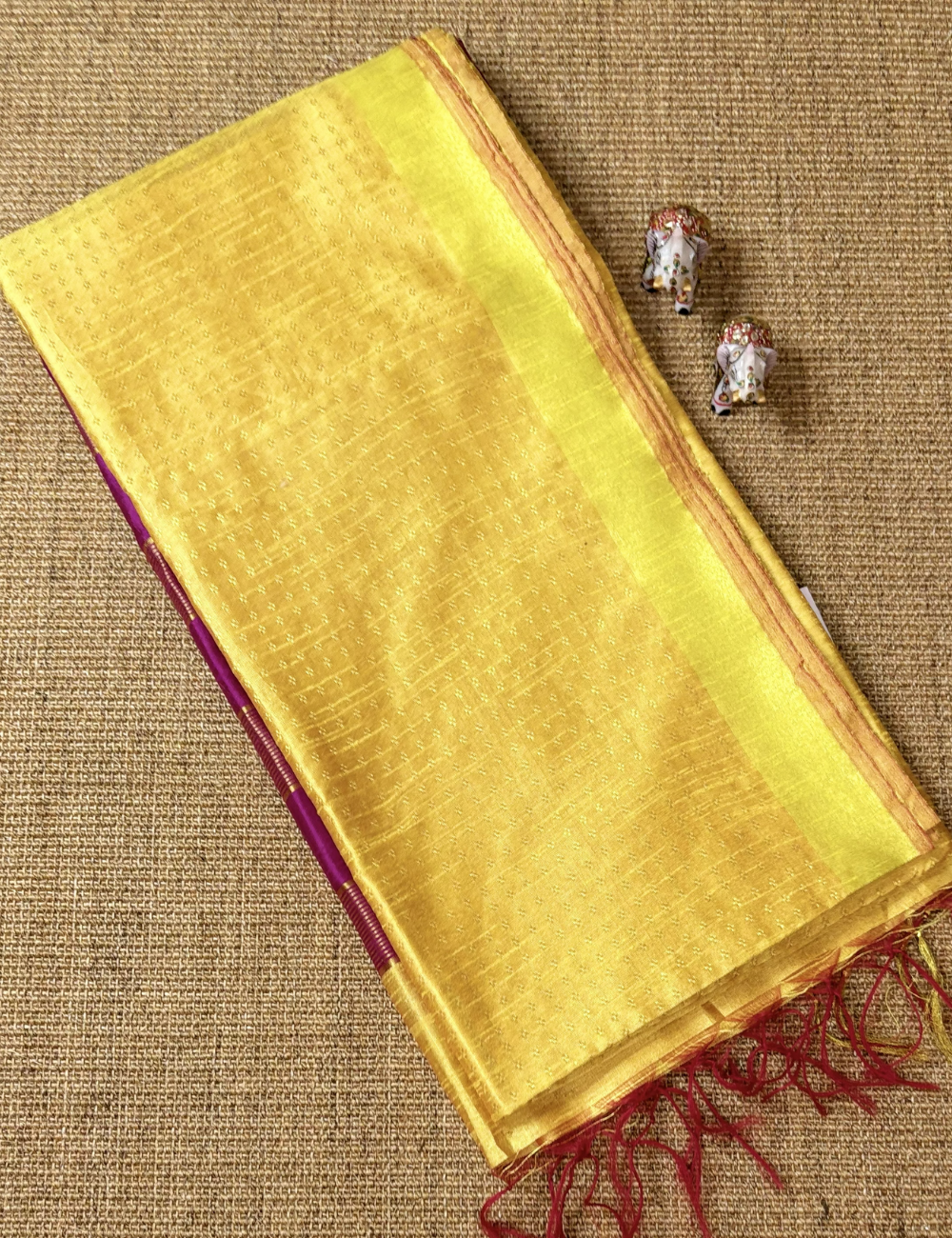 Yellow With Magenta Pink Raw Silk Saree