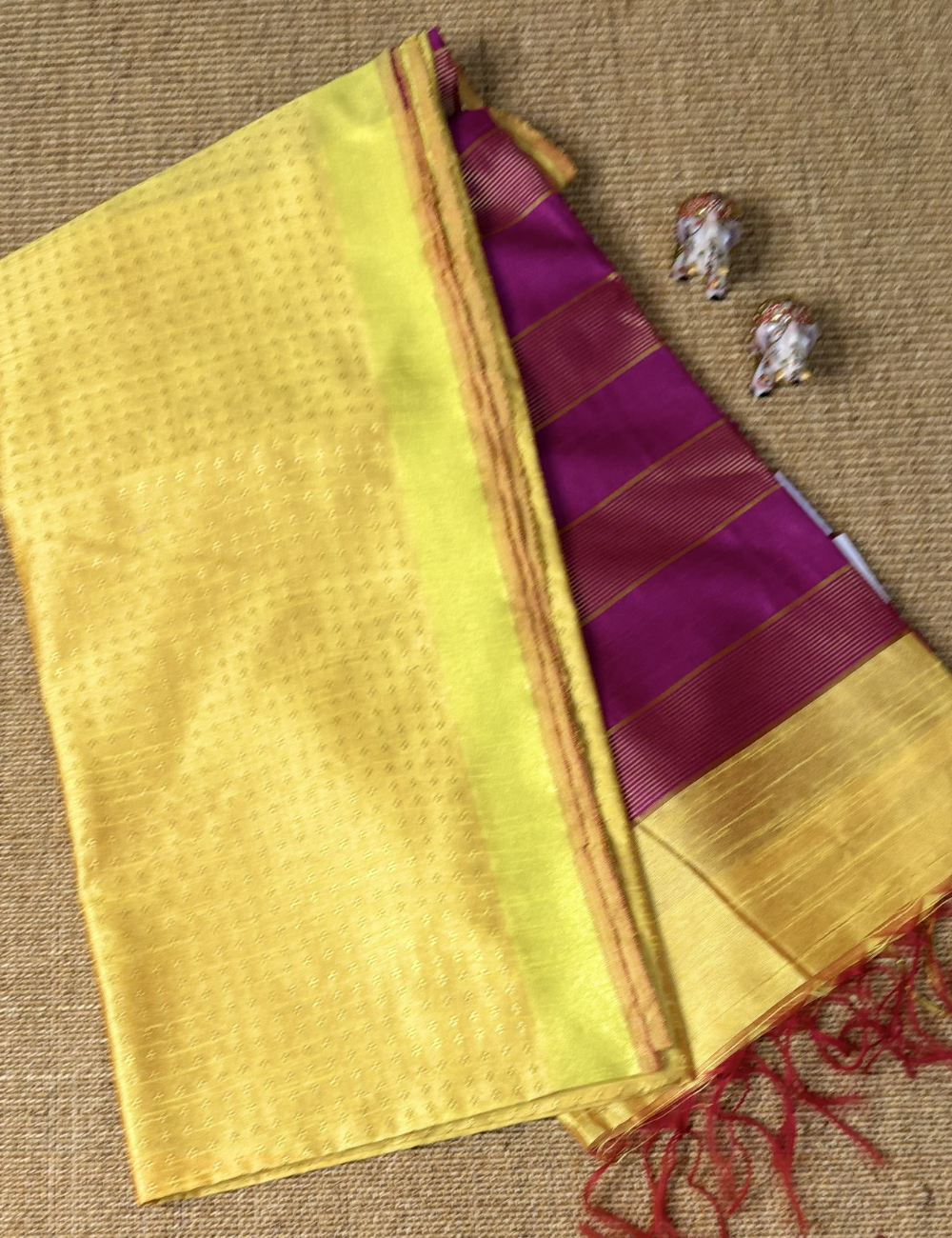 Yellow With Magenta Pink Raw Silk Saree