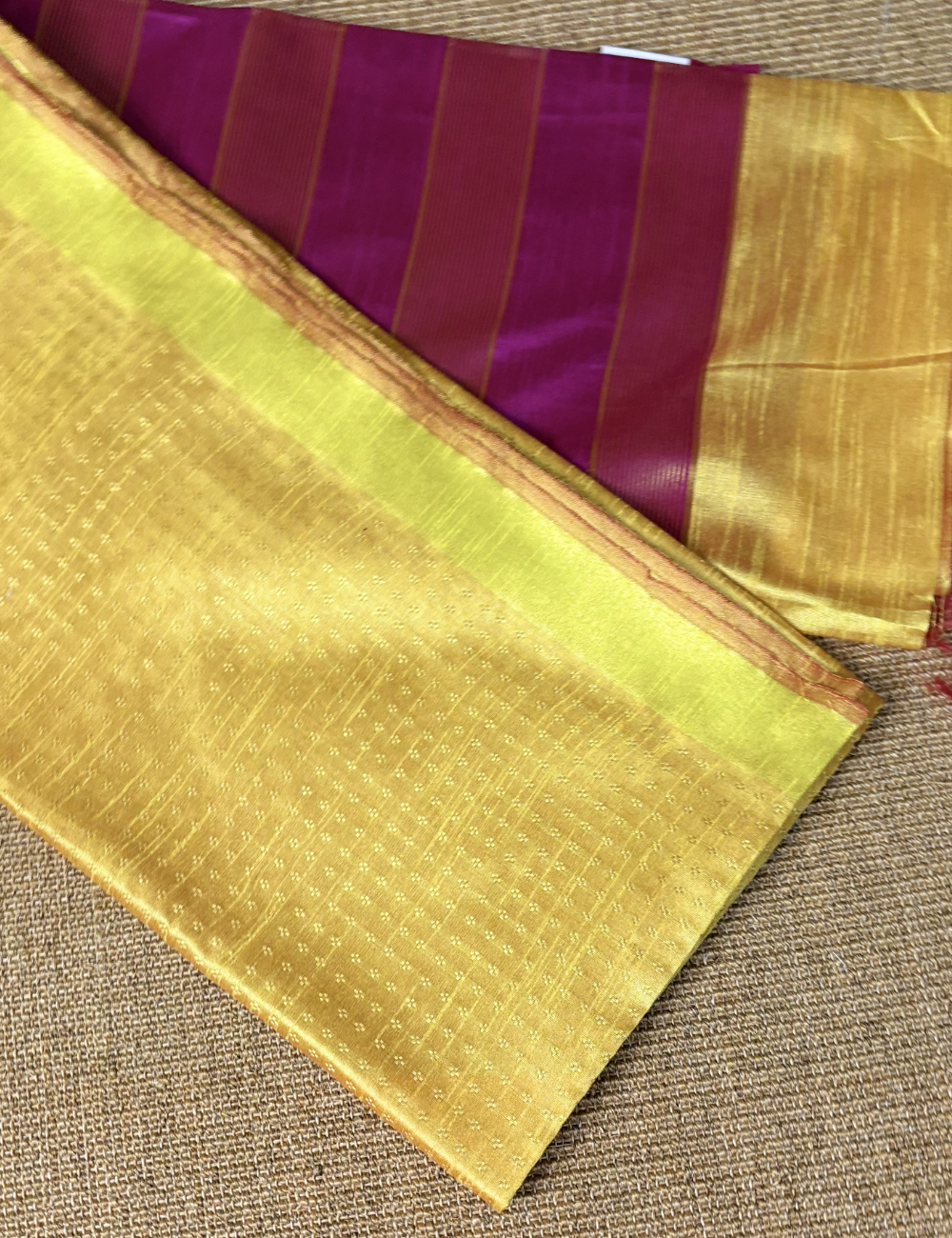 Yellow With Magenta Pink Raw Silk Saree