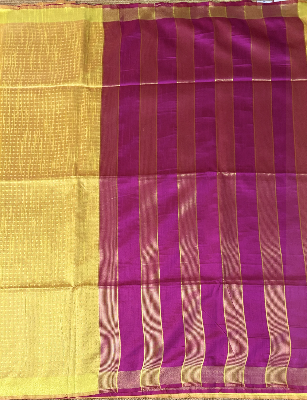 Yellow With Magenta Pink Raw Silk Saree
