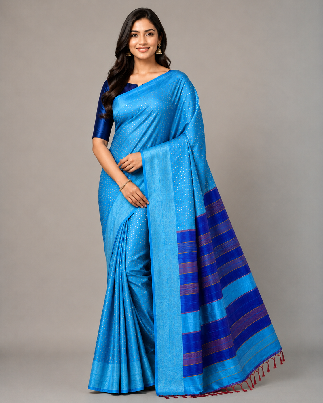 Aqua Blue With Royal Blue Raw Silk Saree