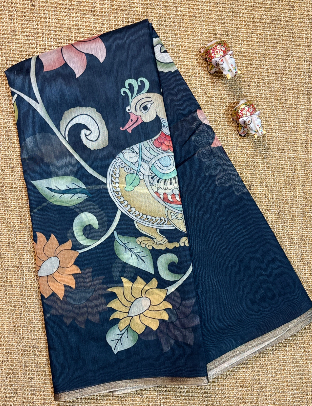 Black Chanderi Cotton Saree with Kalamkari-Inspired Floral & Bird Motifs