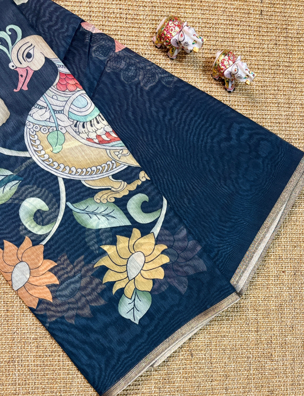 Black Chanderi Cotton Saree with Kalamkari-Inspired Floral & Bird Motifs