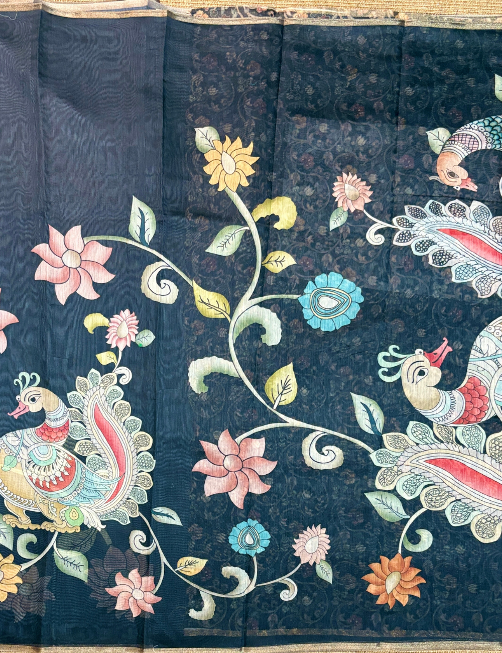 Black Chanderi Cotton Saree with Kalamkari-Inspired Floral & Bird Motifs