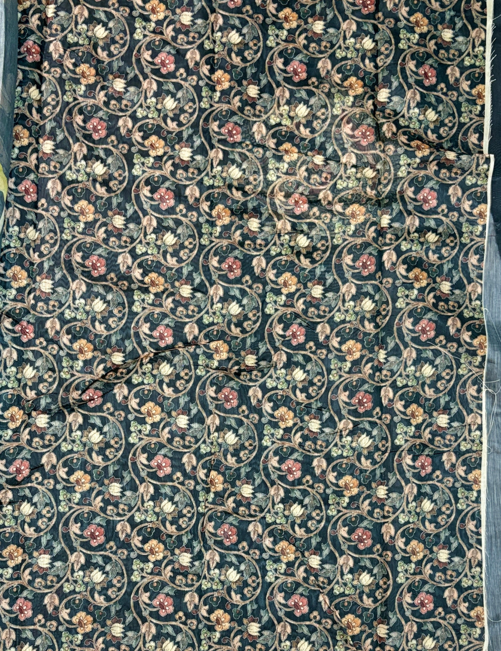 Black Chanderi Cotton Saree with Kalamkari-Inspired Floral & Bird Motifs