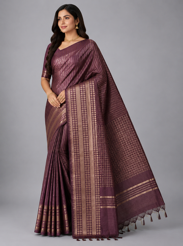 Brown  Checked  Moonga Silk Saree