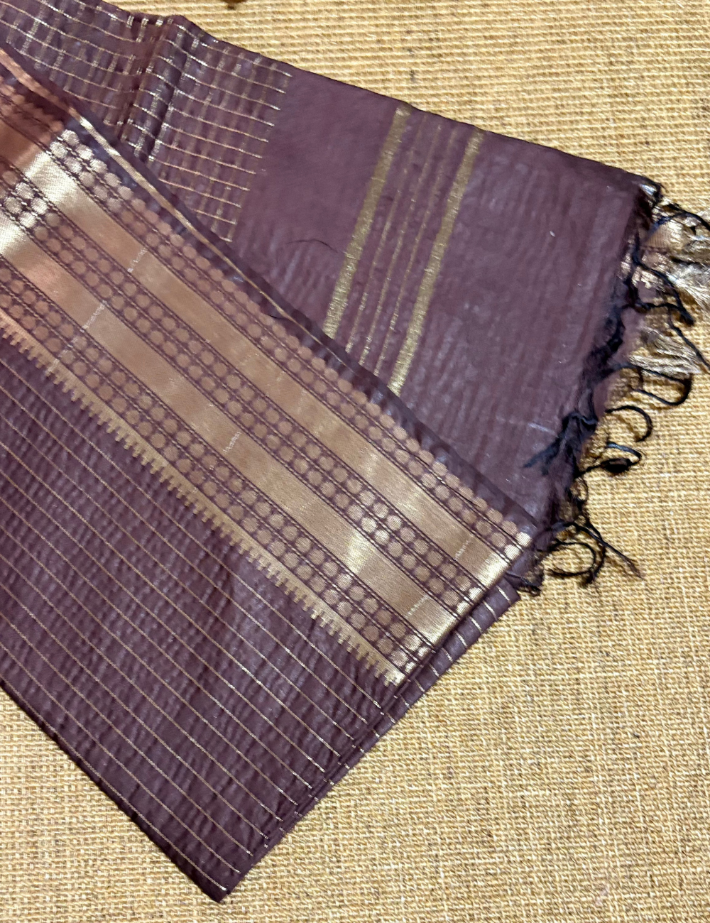 Brown  Checked  Moonga Silk Saree