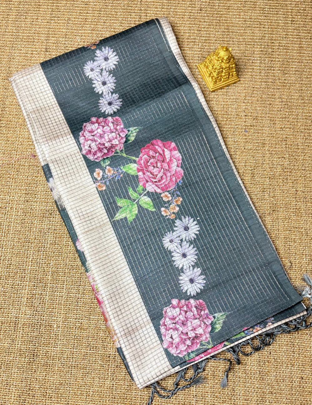 Cream & Black Floral Raw Silk Saree