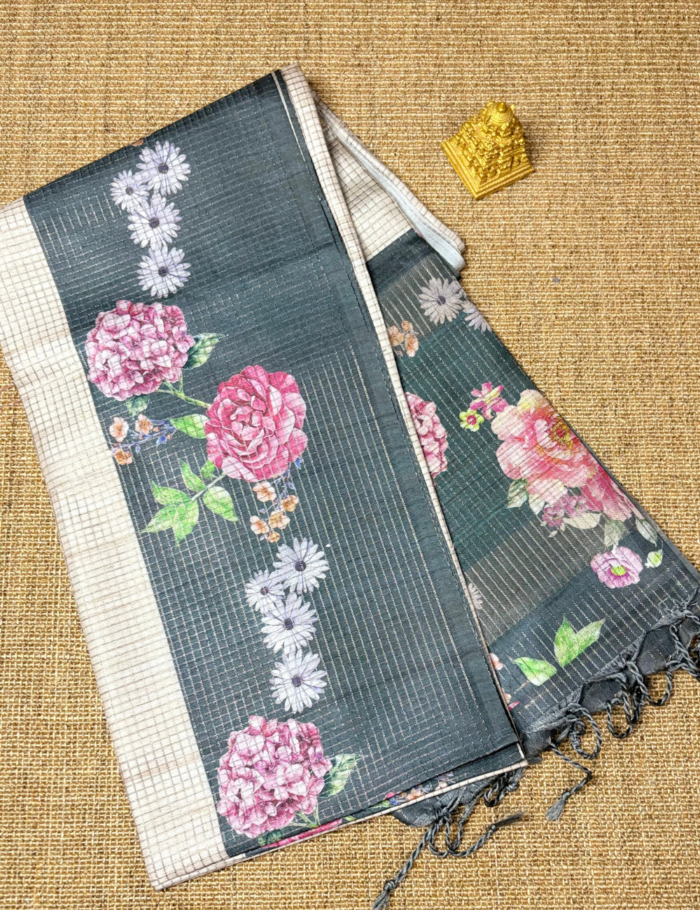 Cream & Black Floral Raw Silk Saree