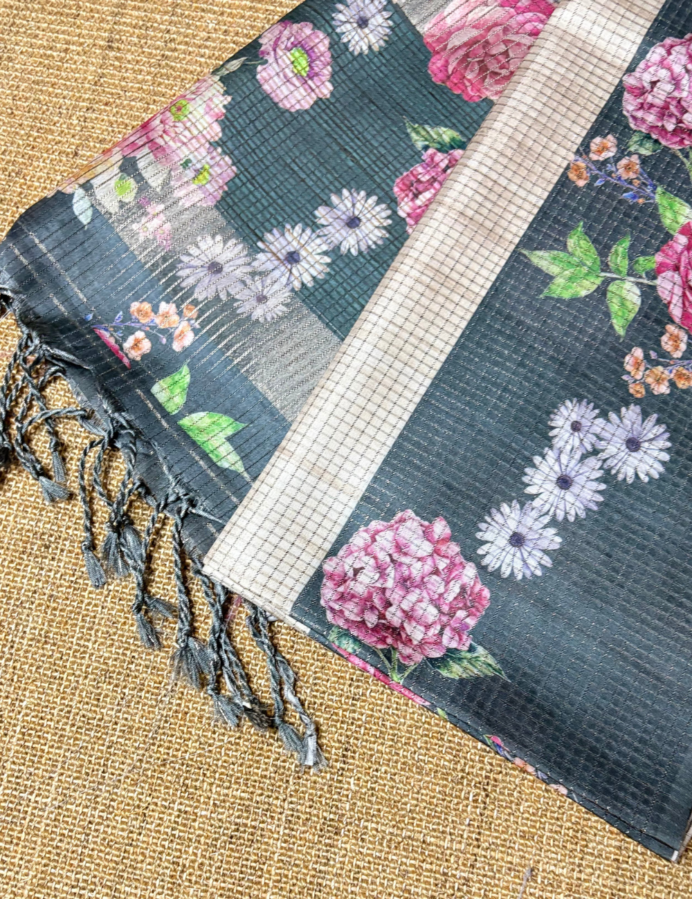 Cream & Black Floral Raw Silk Saree