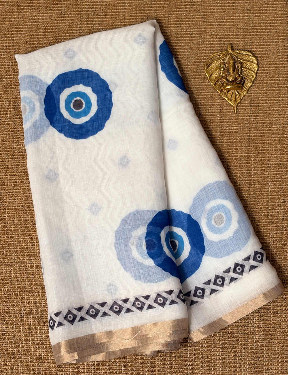 Elegant Blue Motif Chanderi Cotton Saree with Zari Border