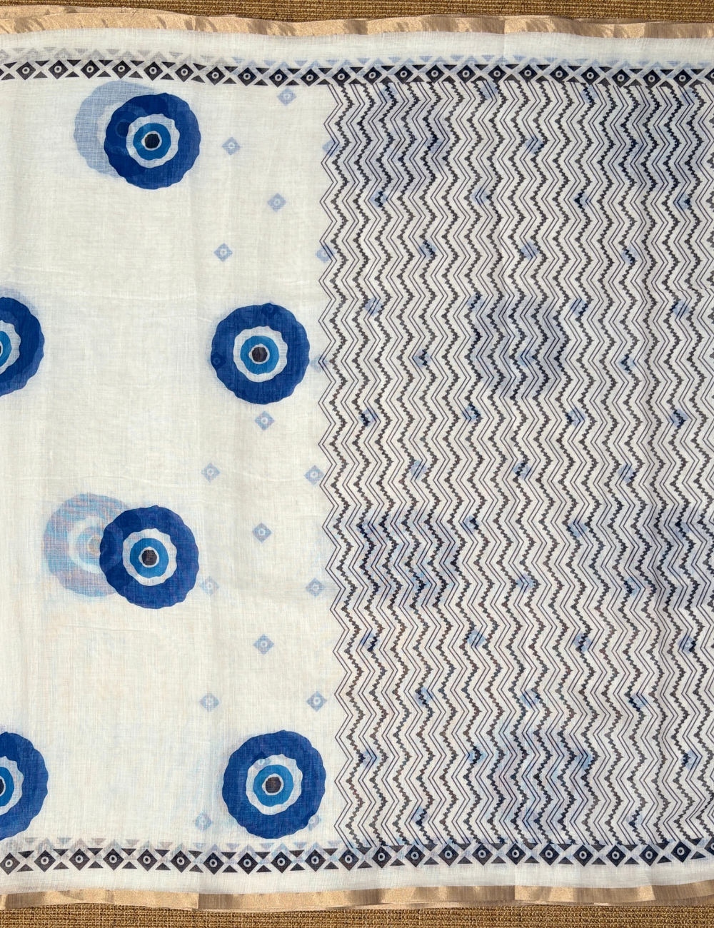 Elegant Blue Motif Chanderi Cotton Saree with Zari Border