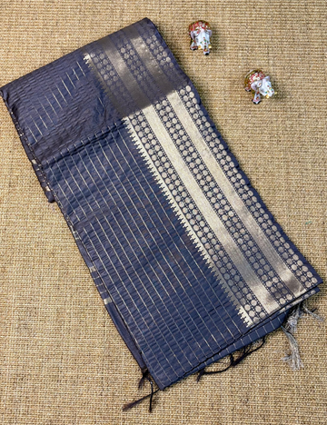 Elephant Grey Checked Moonga Silk Saree