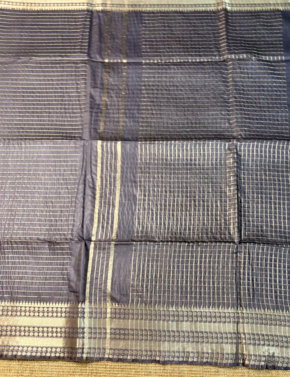 Elephant Grey Checked Moonga Silk Saree