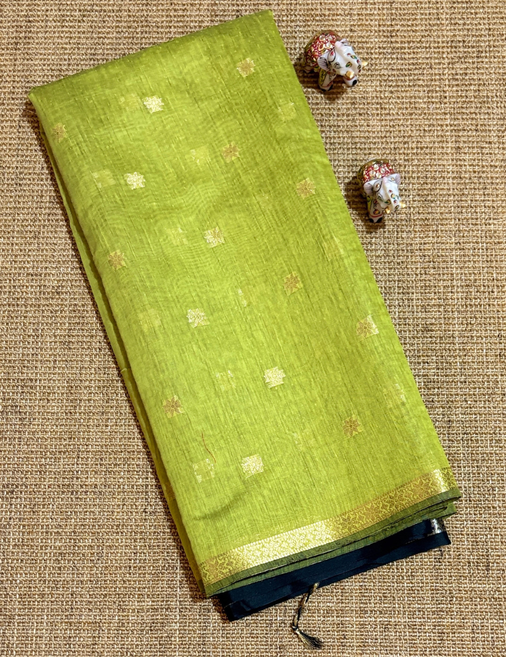 Lime Green & Black Kalyani Cotton Saree with Golden Border & Buttas